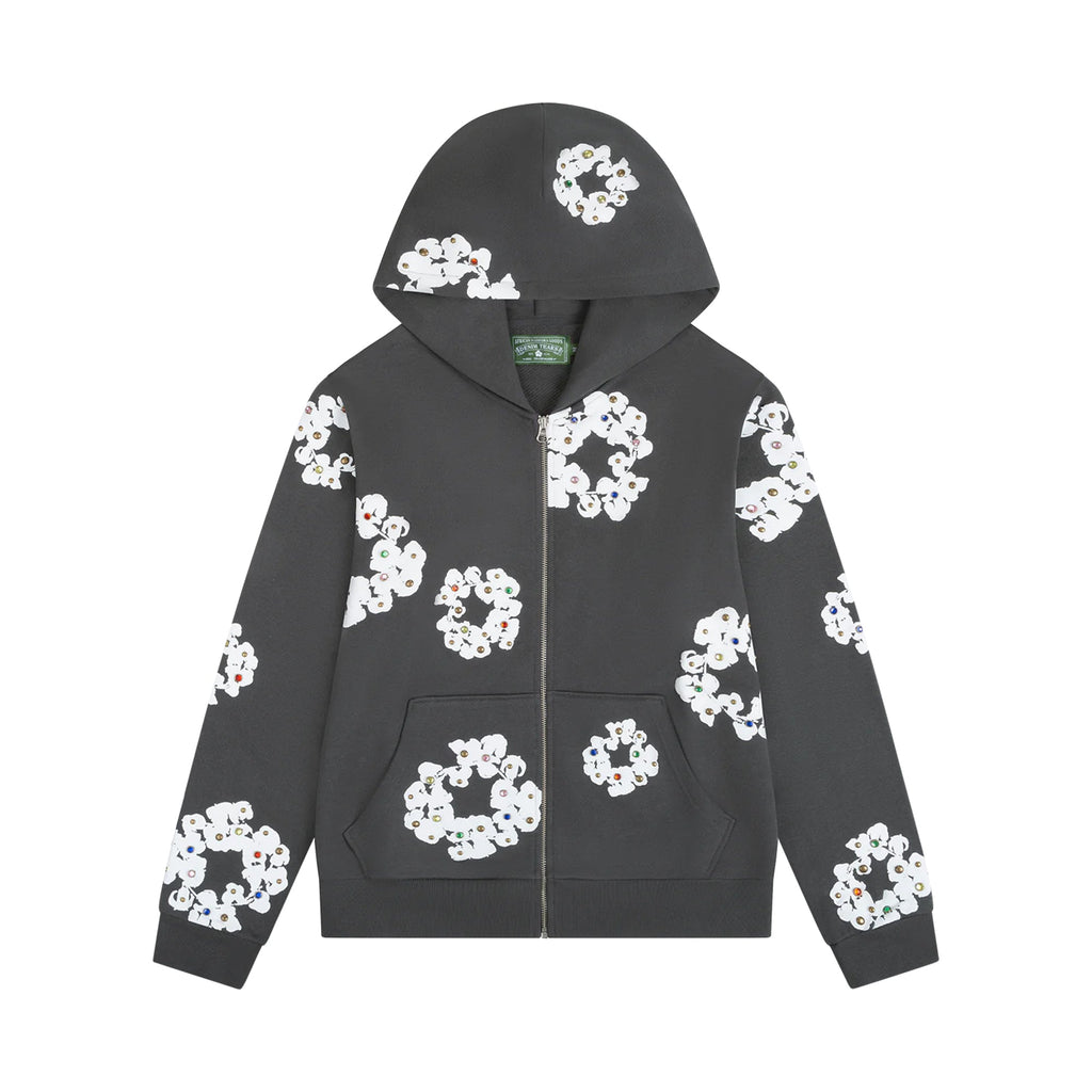 Denim Tears Rhinestone Cotton Wreath Zip Hoodie Vintage Black